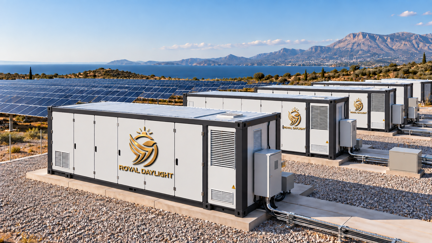 Royal Daylight markalı, siyah kenar çerçeveli enerji depolama konteynerleri