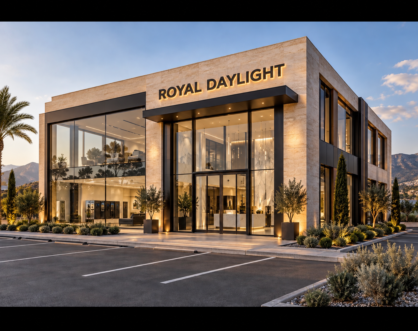 Royal Daylight tabelalı, cam ve taş cepheli iki katlı showroom ve ofis binası konsepti