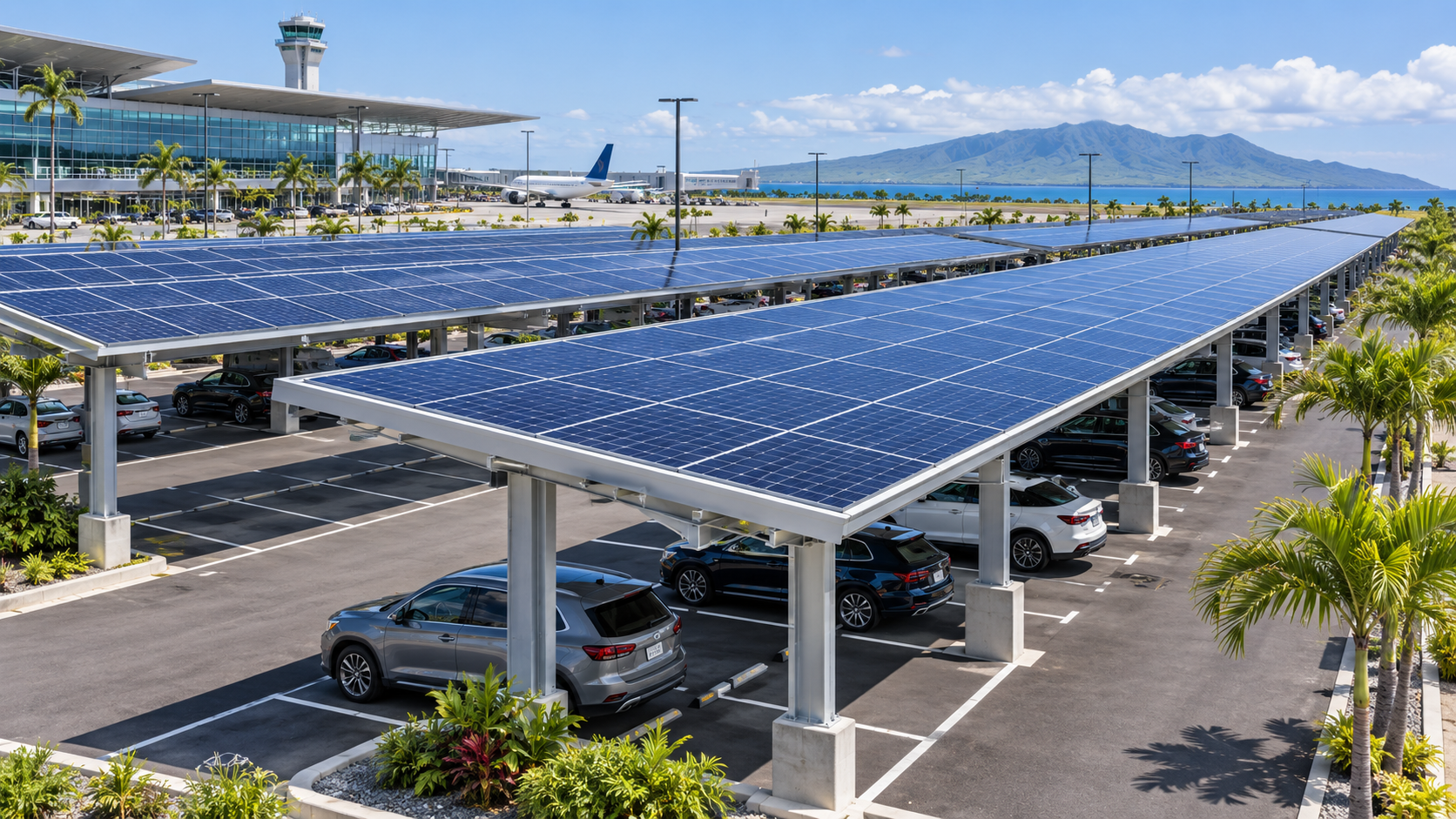 Otopark alanını örten güneş panelli carport kanopileri